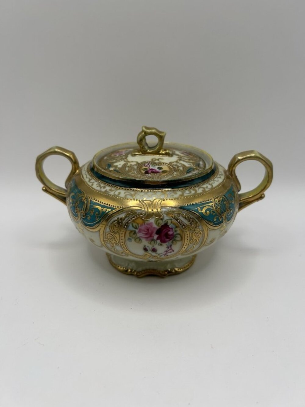 Antique Nippon C1891 Sugar Pink Roses Teal Gilt Noritake Maple Leaf Art Nouveau